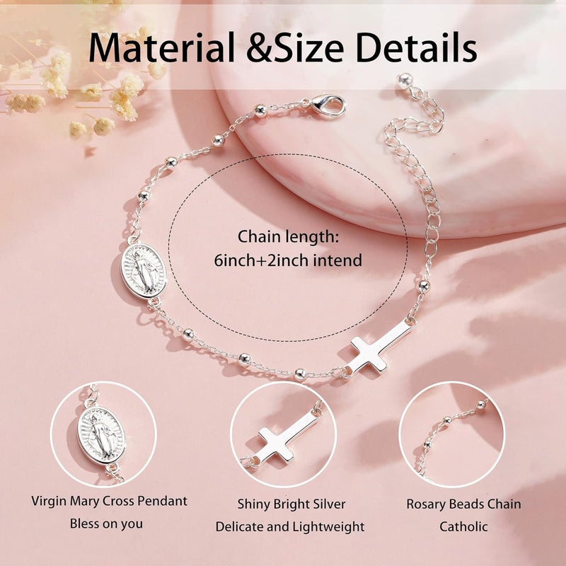 VULETO Catholic Virgin Mary Cross Bracelet Gifts for Girls Teens Women, Rosary Beads Charm Link Chain Bracelet Christmas Christian Religious Jewelry Gifts - Image 5